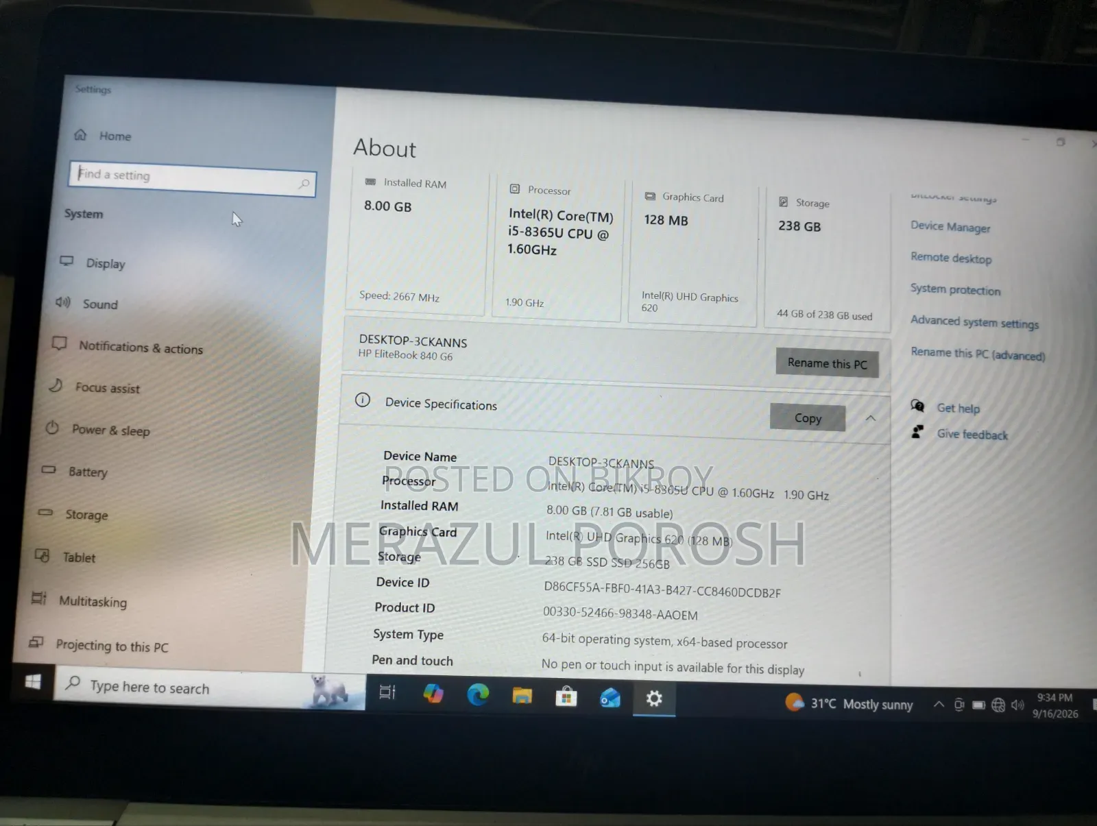 Laptop HP EliteBook 840 G6 8GB Intel Core i5 SSD 256GB