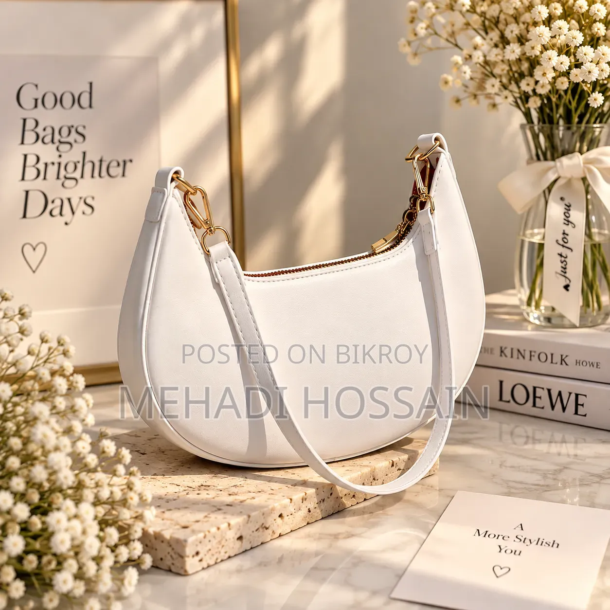 Elegant White Crescent Bag | Gold Hardware | Brand New Style