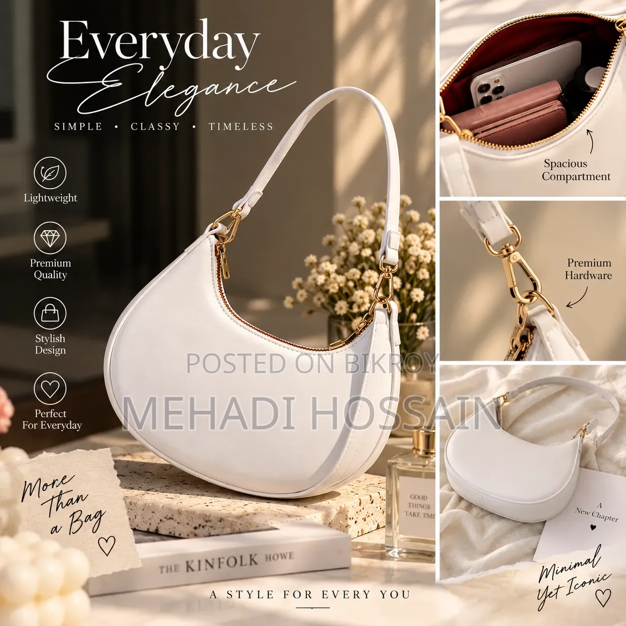 Elegant White Crescent Bag | Gold Hardware | Brand New Style