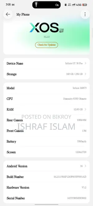 ইনফিনিক্স জিটি ৩০ প্রো ৫জি ২৫৬ জিবি কালো