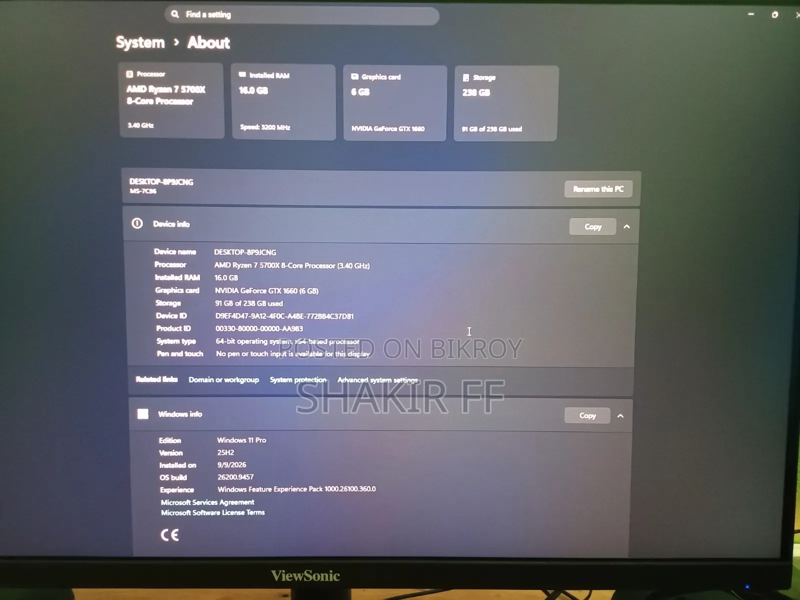 Desktop Computer MSI model 16GB AMD Ryzen 7 SSD 256GB