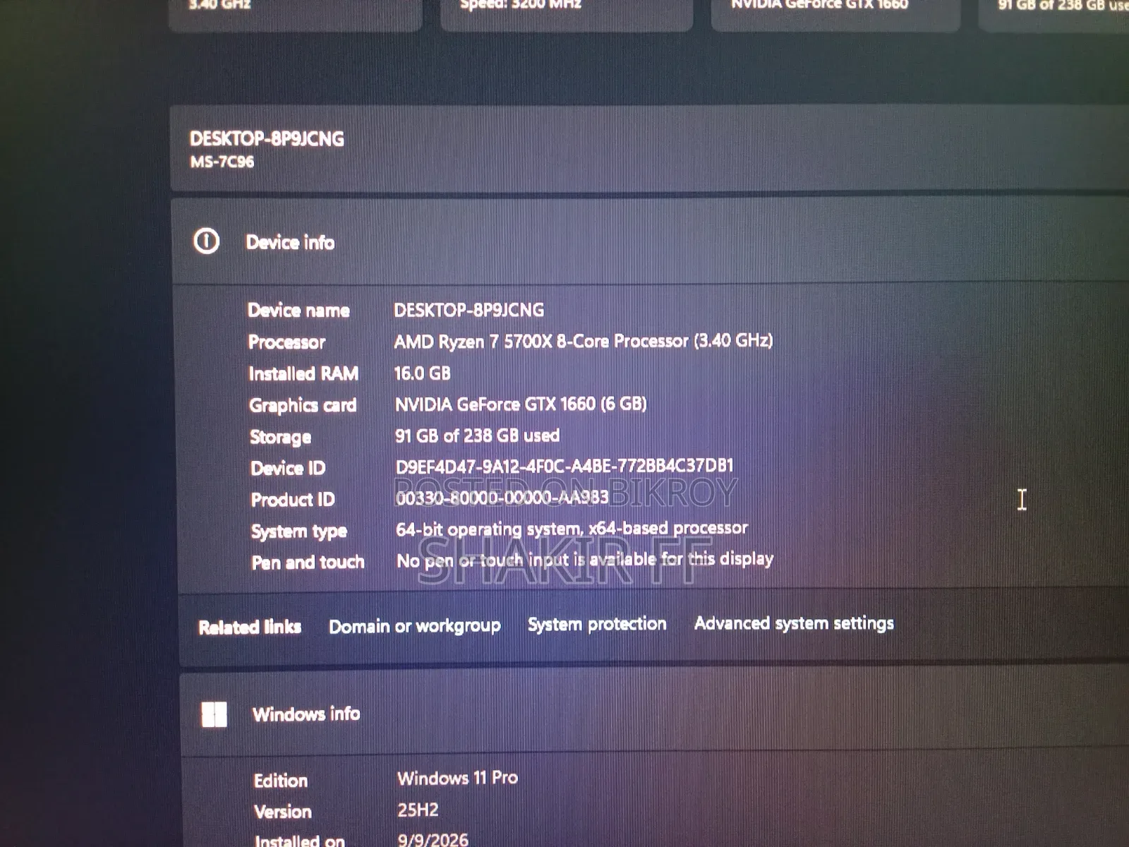 Desktop Computer MSI model 16GB AMD Ryzen 7 SSD 256GB