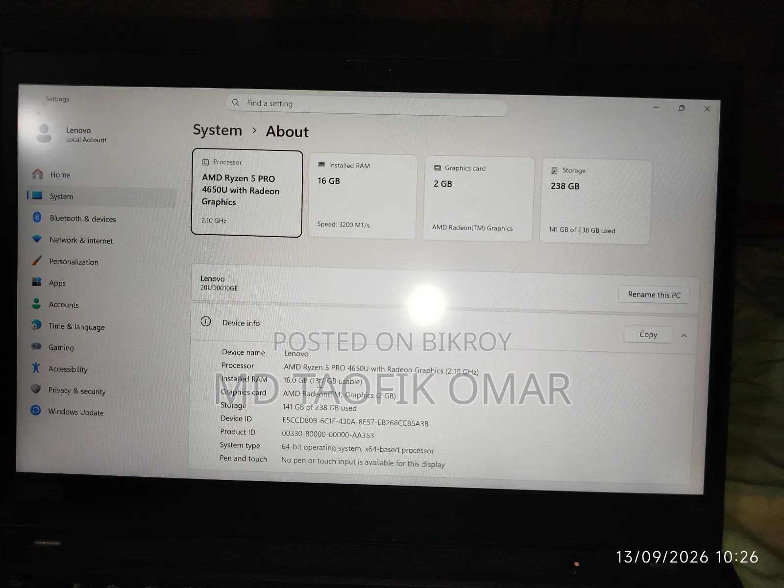 Laptop Lenovo ThinkPad T14 G1 16GB AMD Ryzen 5 SSD 256GB