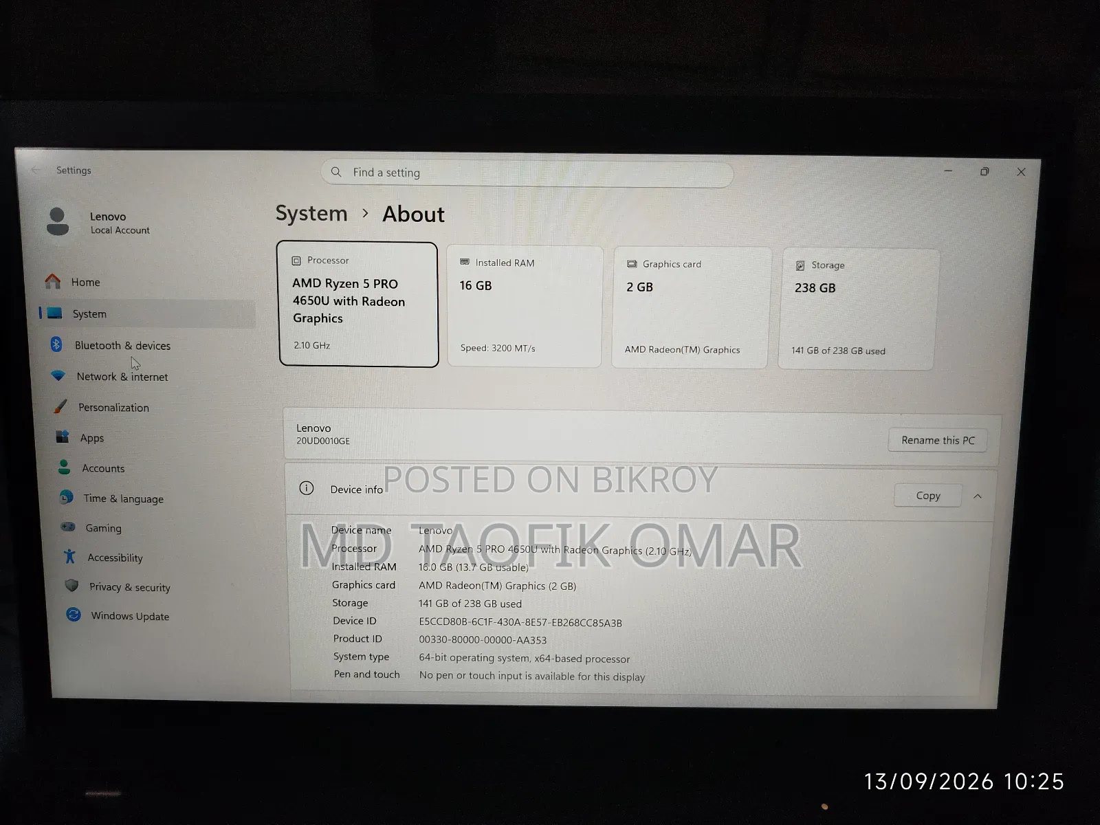 Laptop Lenovo ThinkPad T14 G1 16GB AMD Ryzen 5 SSD 256GB