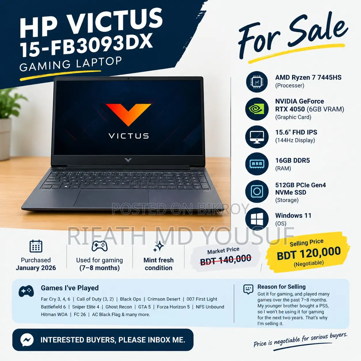 Laptop HP Victus 15 16GB AMD Ryzen 7 SSD 512GB