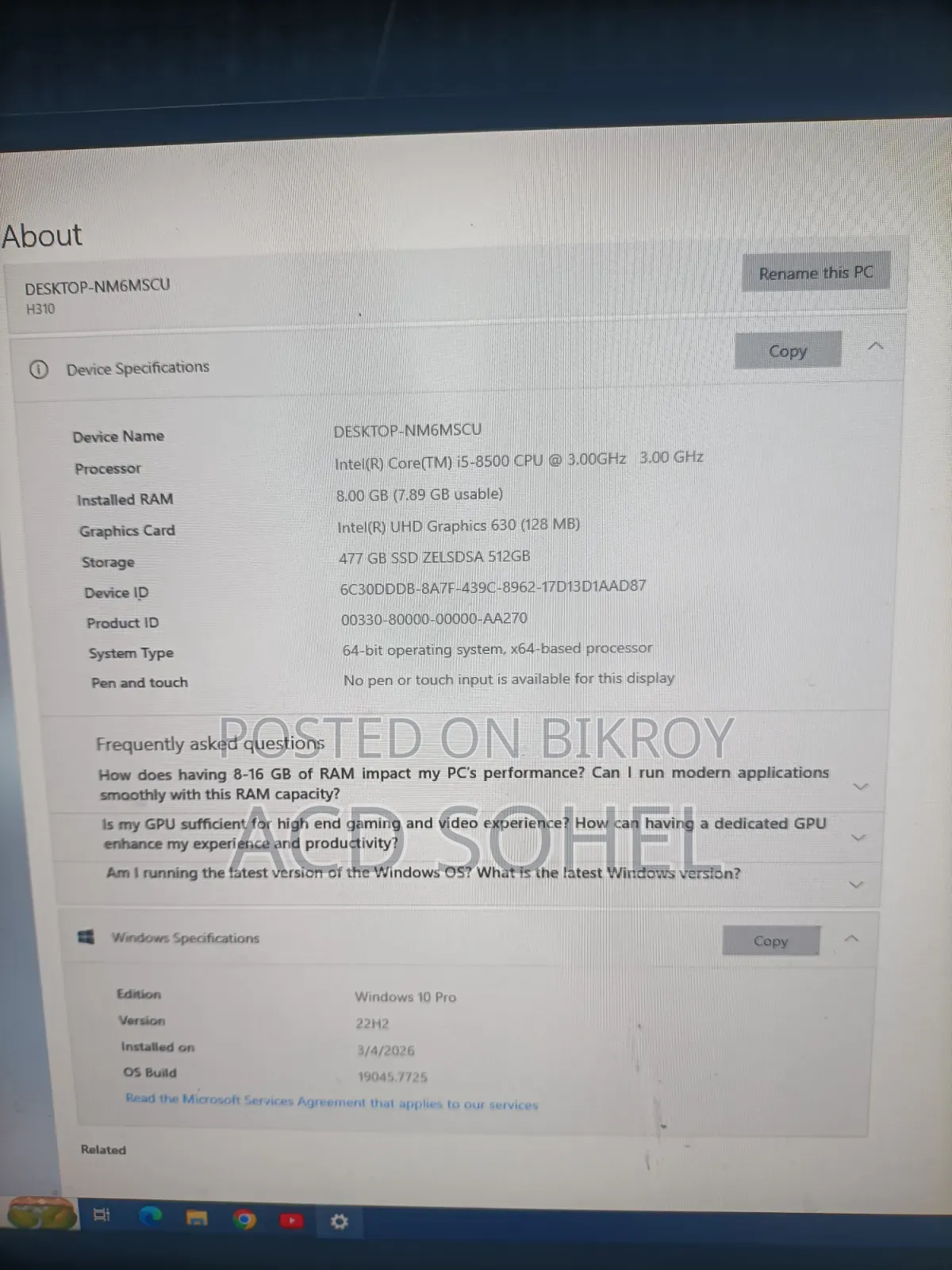 Desktop Computer 8GB Intel Core i5 SSD 512GB