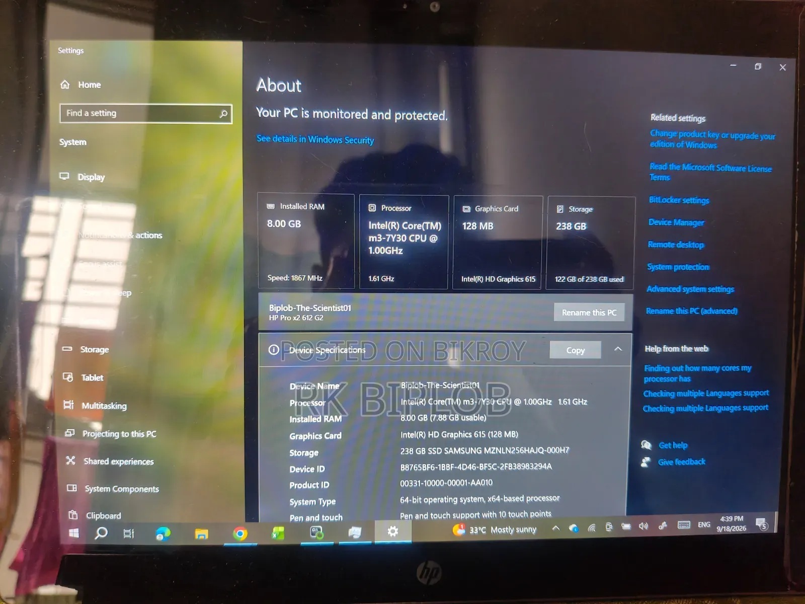 Laptop HP Pro X2 612 G2 8GB Intel Core M3 SSD 256GB
