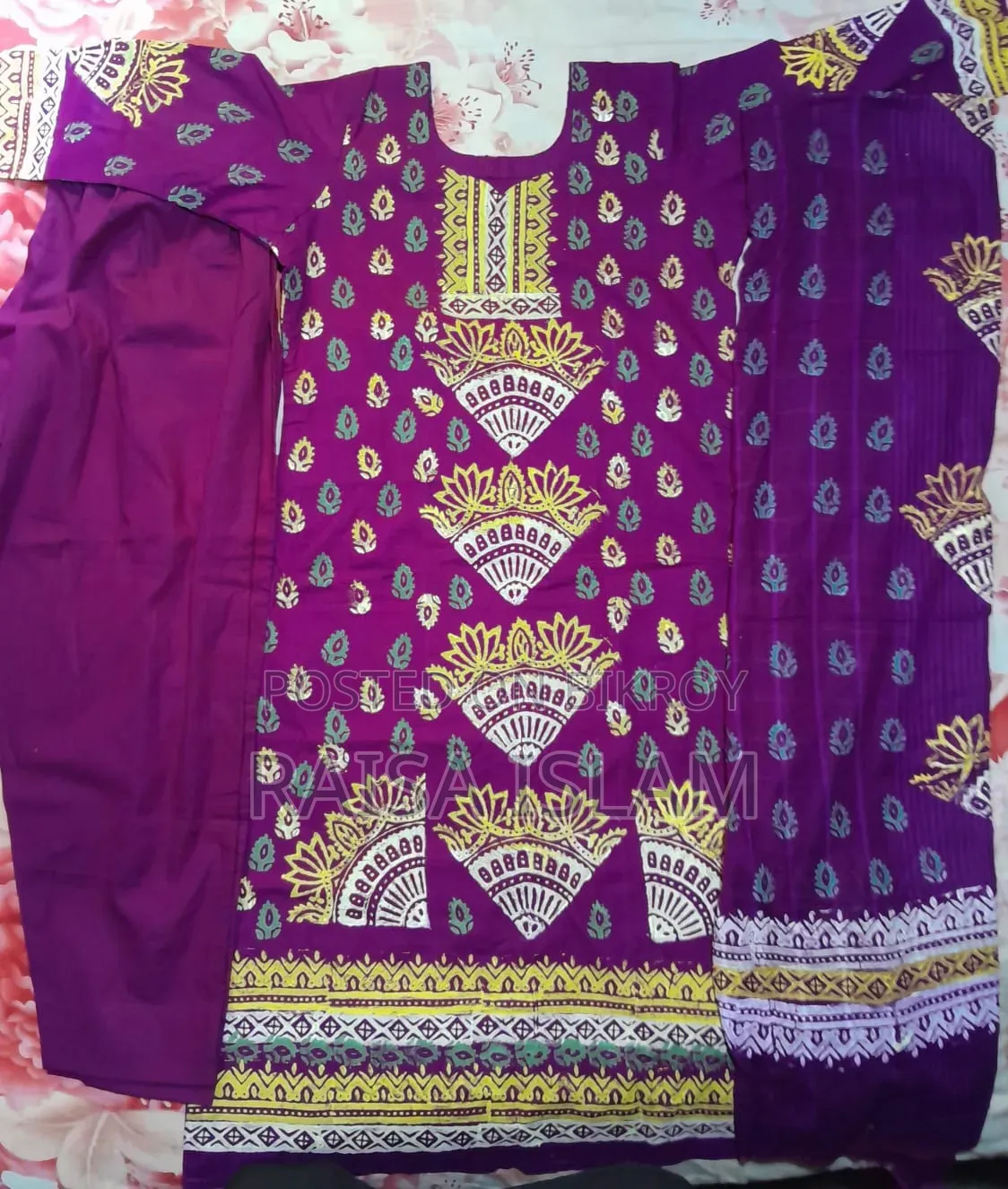 Purple Block Print Cotton Three-Piece