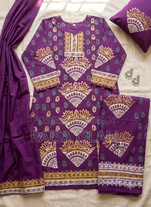 Purple Block Print Cotton Three-Piece