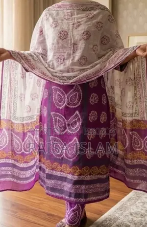 Purple Block Print Cotton Three-Piece