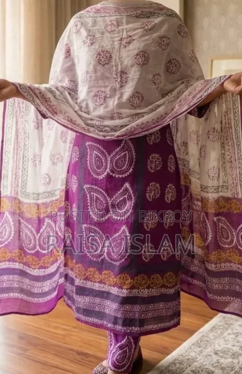 Purple Block Print Cotton Three-Piece