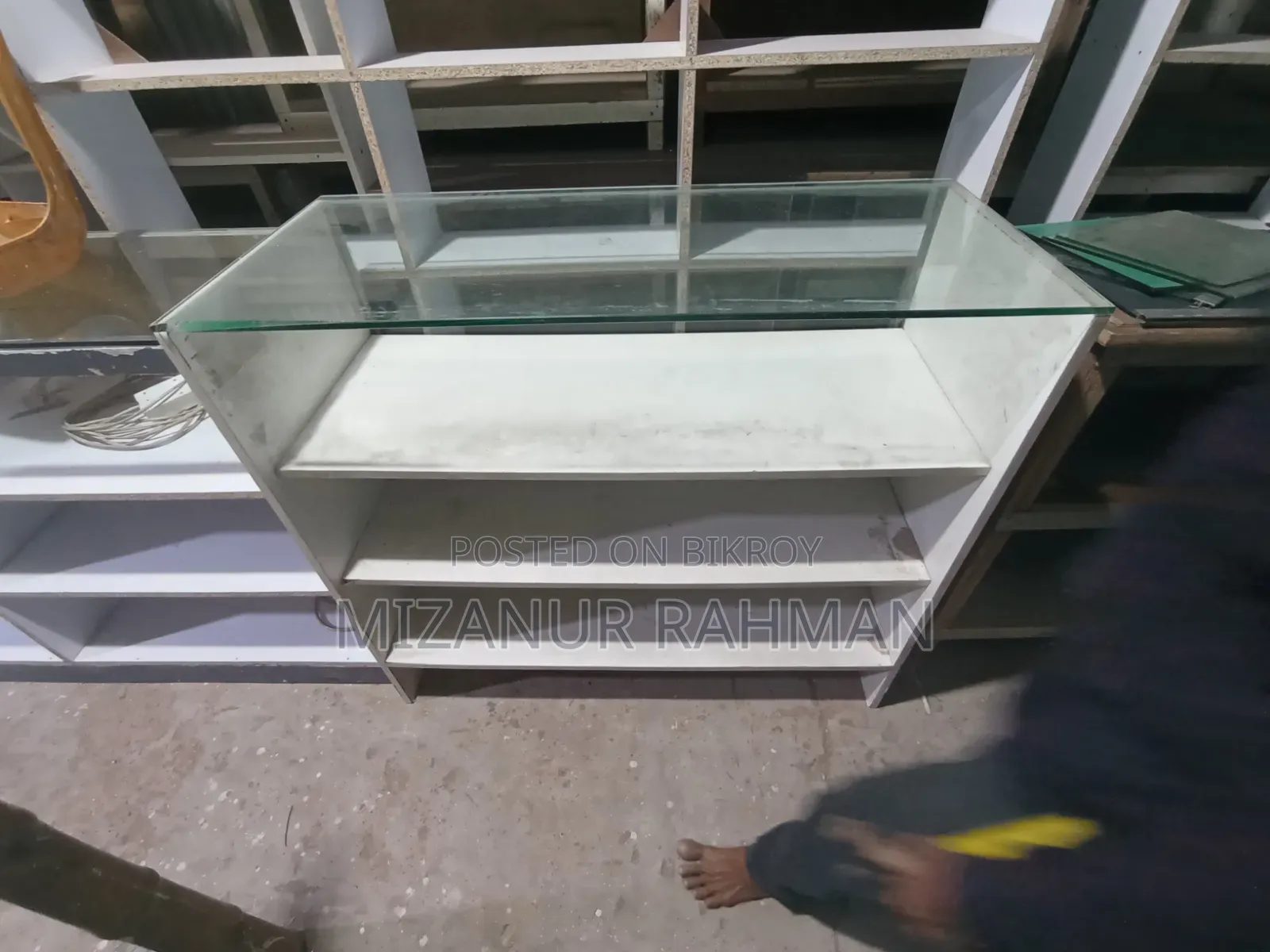 Old new racks, tables, almirahs, counters are available.