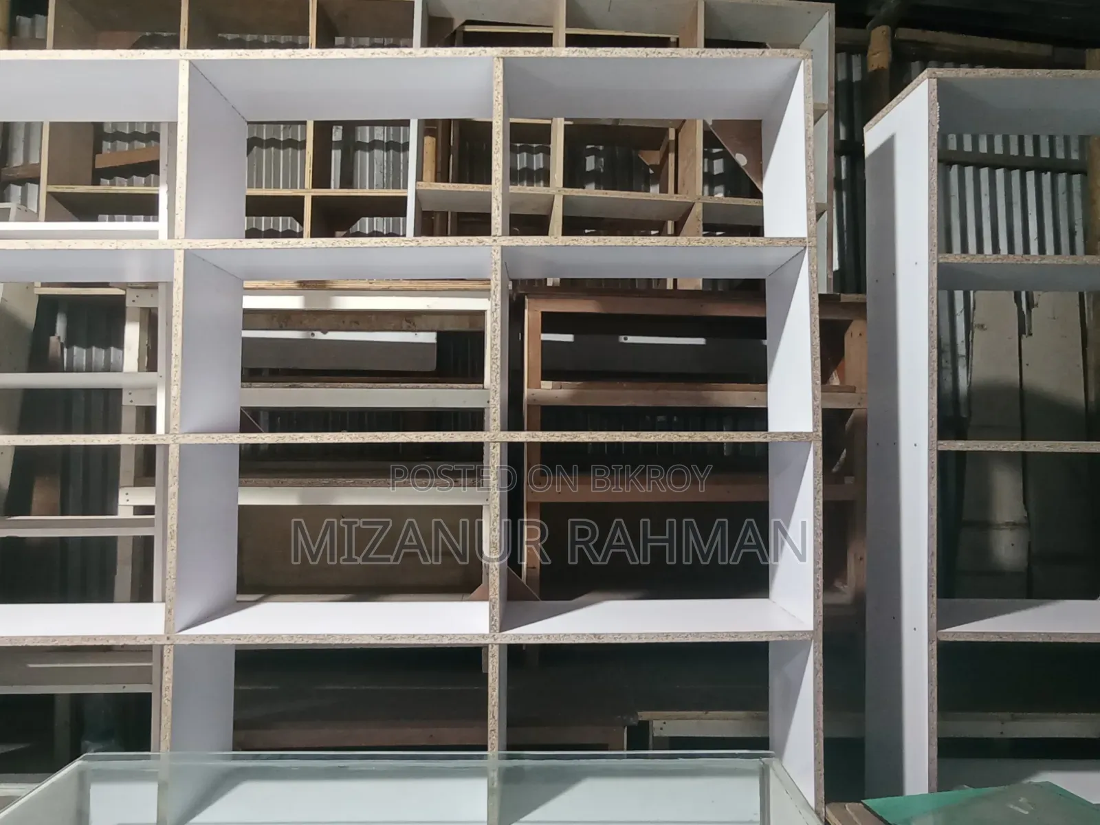 Old new racks, tables, almirahs, counters are available.