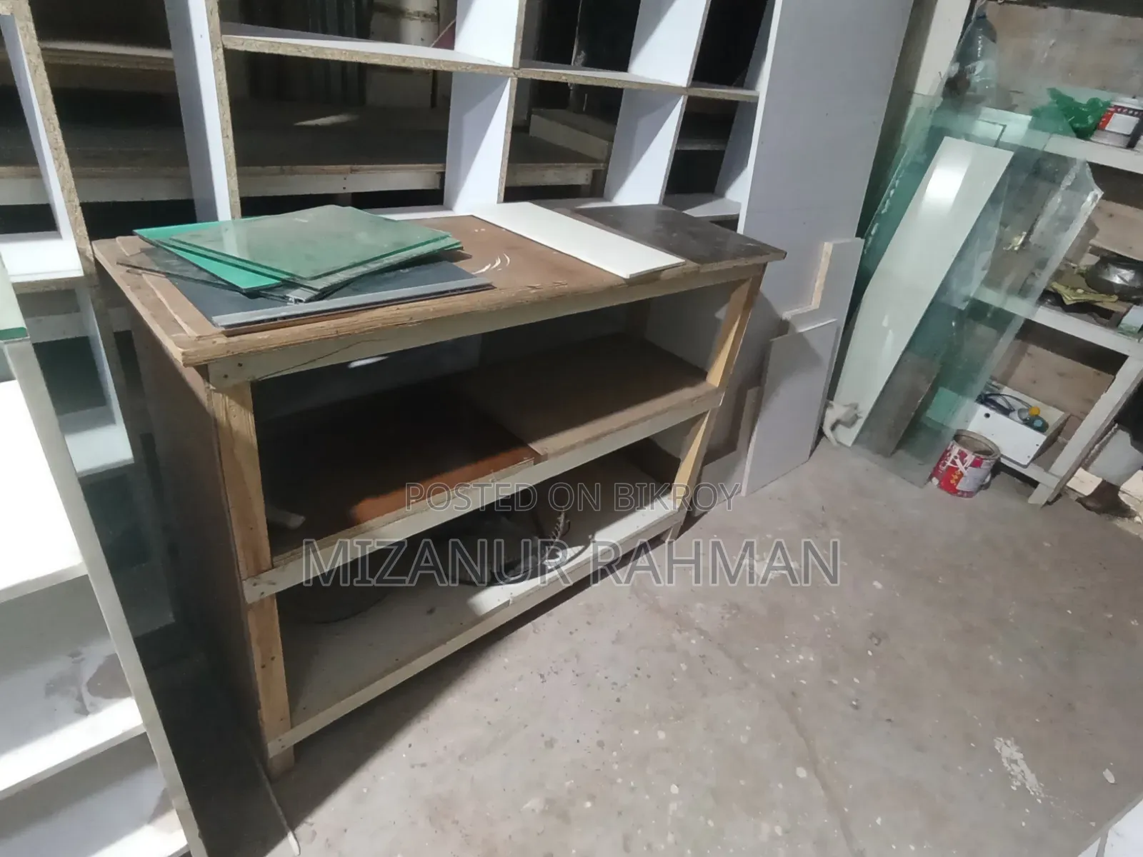 Old new racks, tables, almirahs, counters are available.