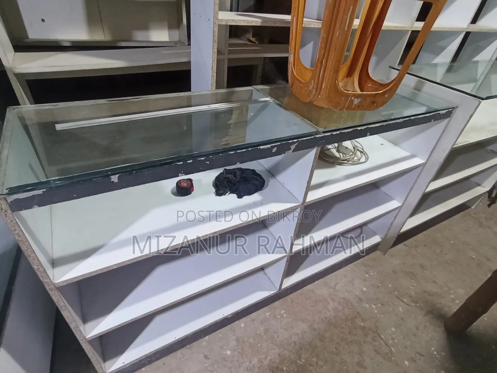Old new racks, tables, almirahs, counters are available.