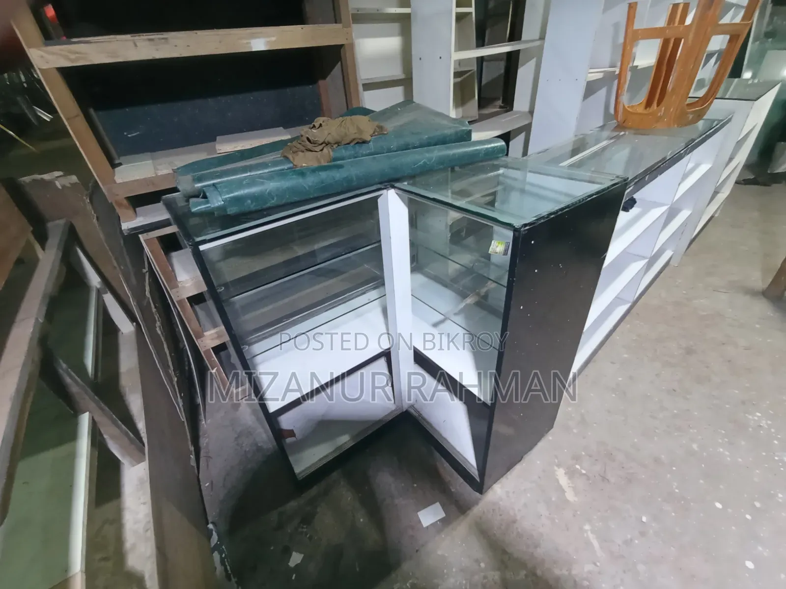 Old new racks, tables, almirahs, counters are available.