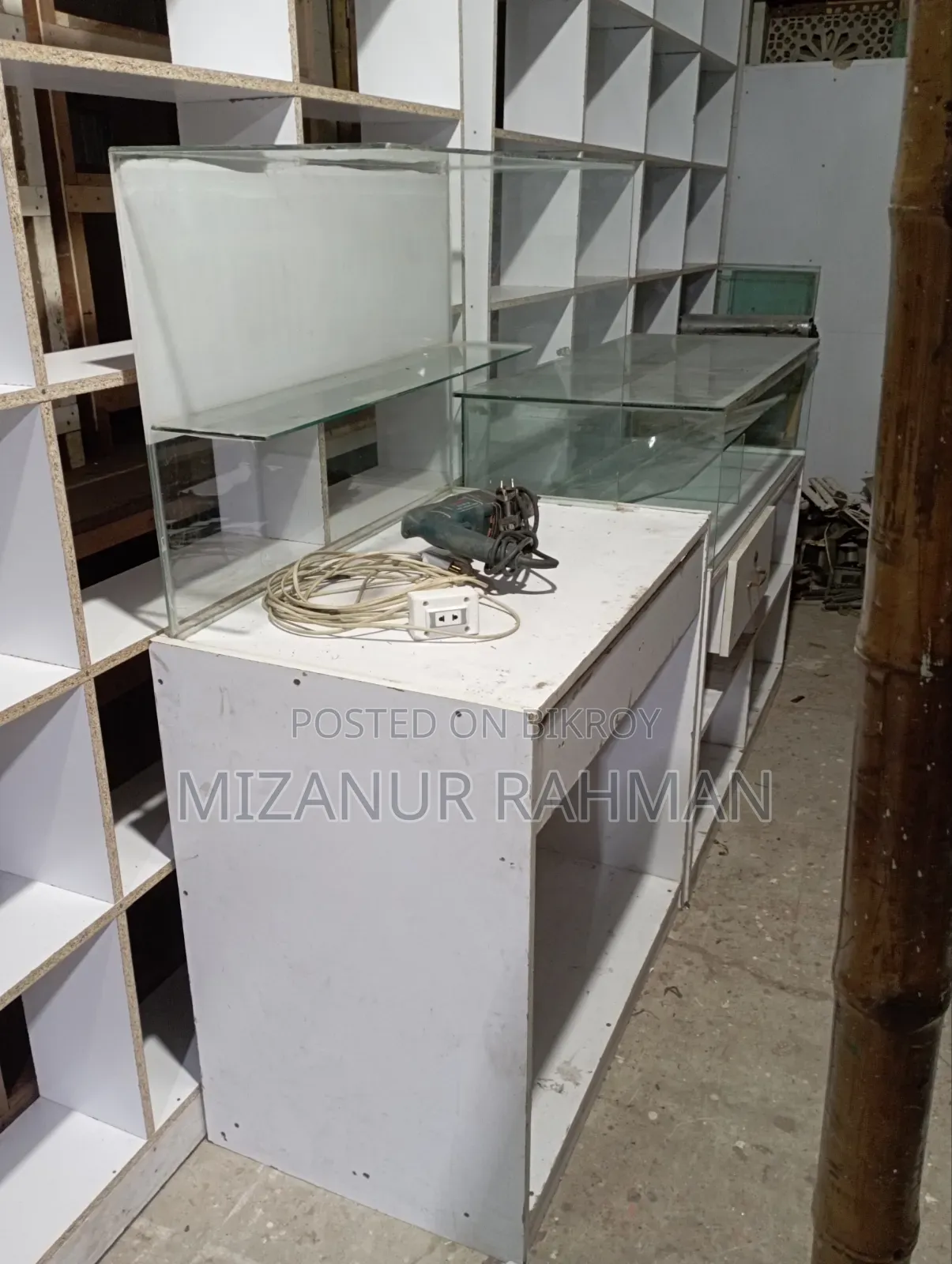 Old new racks, tables, almirahs, counters are available.
