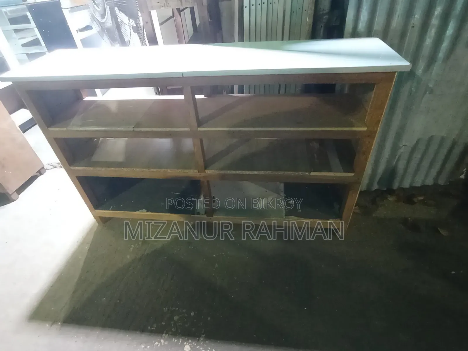 Old new racks, tables, almirahs, counters are available.