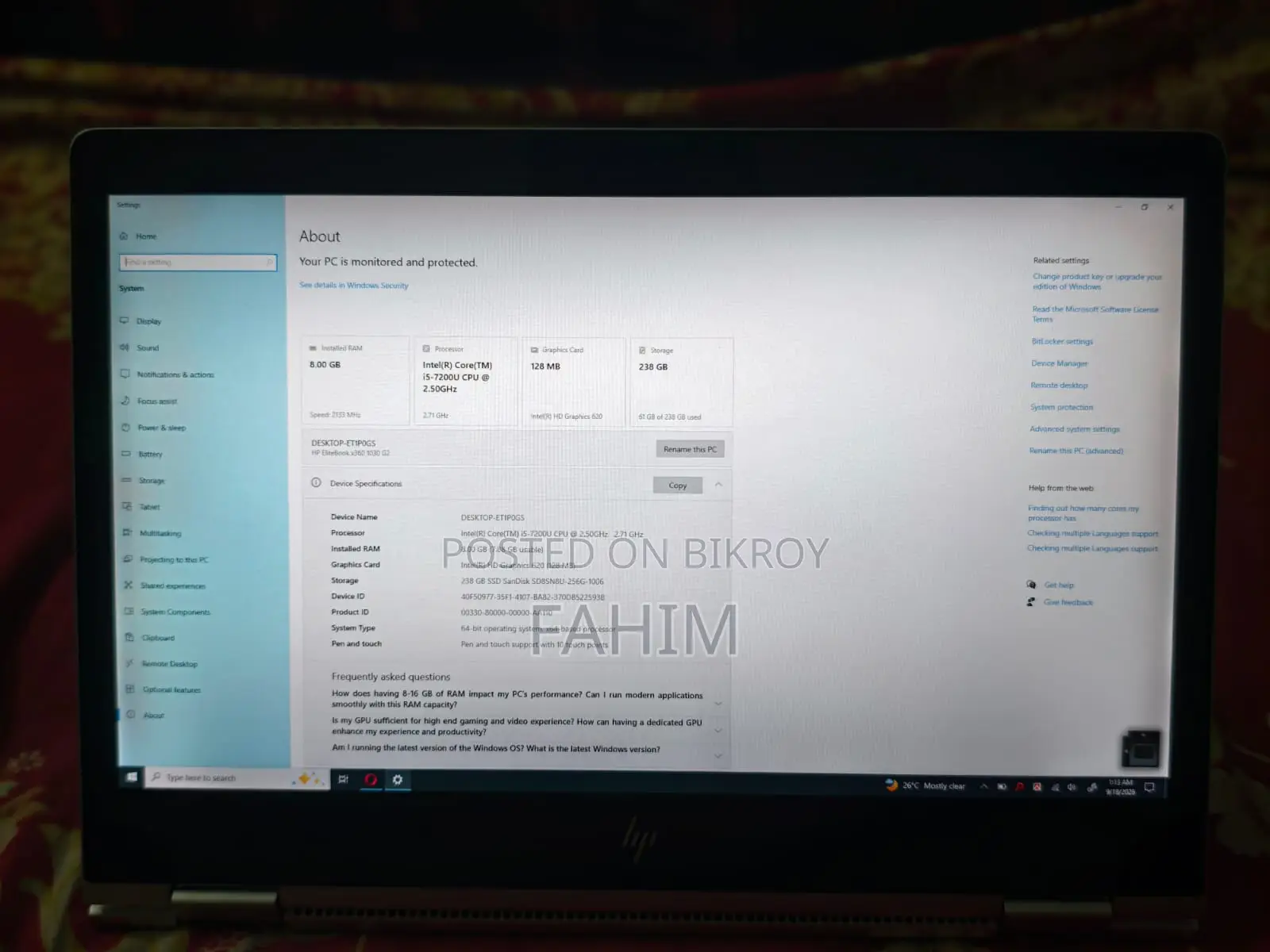 Laptop HP 8GB Intel Core i5 SSD 256GB