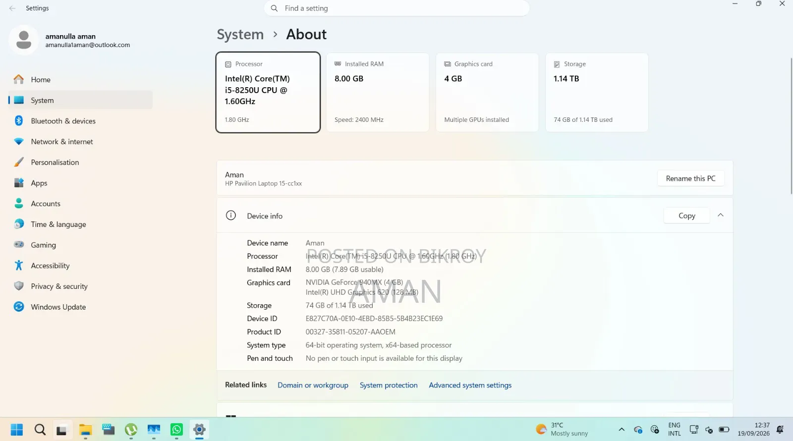 Laptop HP 15 8GB Nvidia HDD+SSD 1T