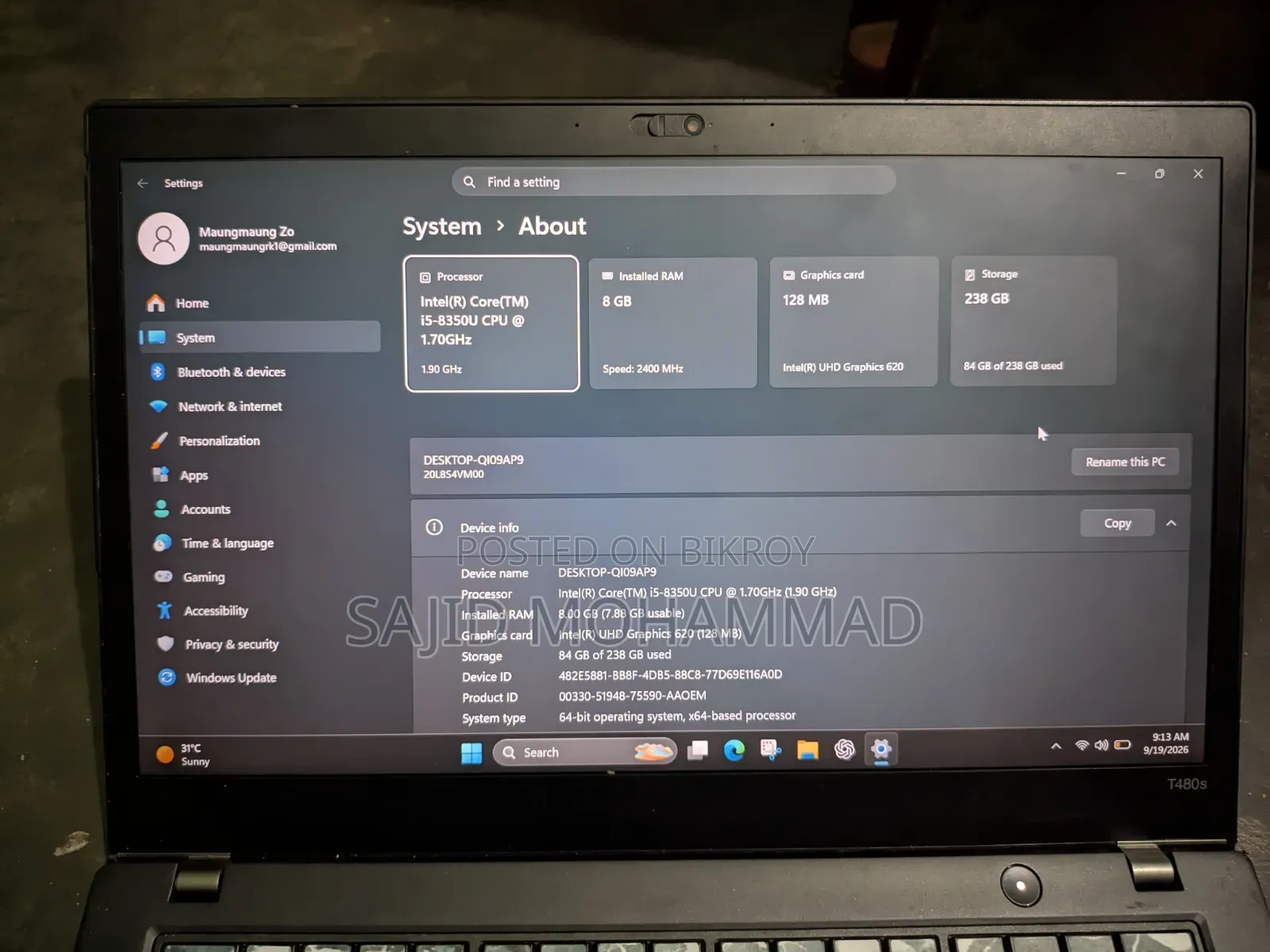 Laptop Lenovo ThinkPad T480s 8GB Intel Core i5 SSD 256GB