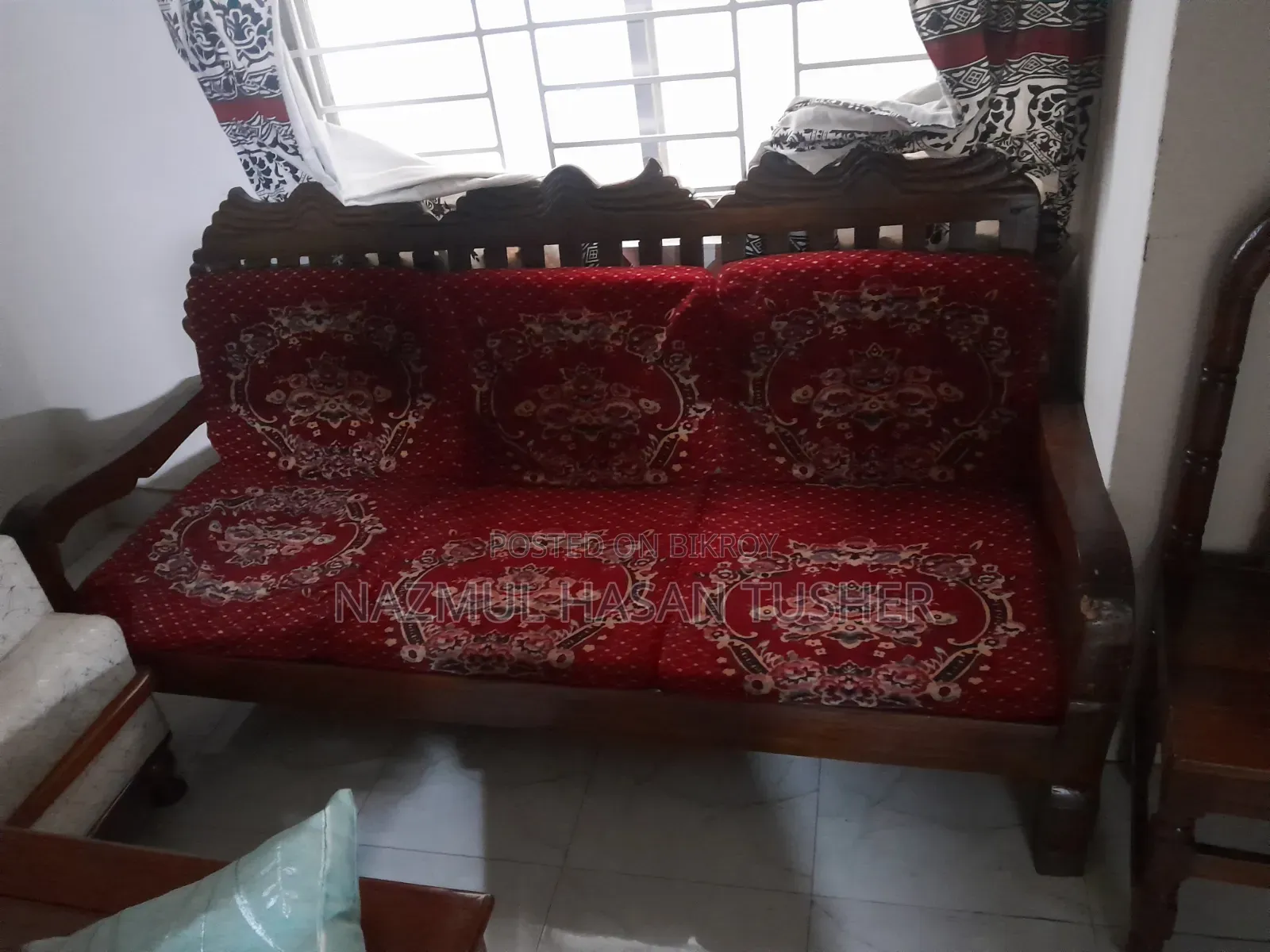 ৩ সিটের কাঠের সোফা (সেগুন) ফোম এবং কভার সহ