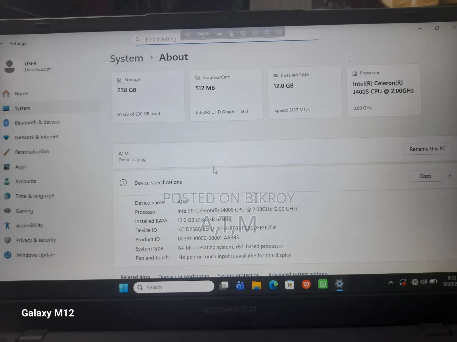 Laptop 12GB Intel SSD 256GB