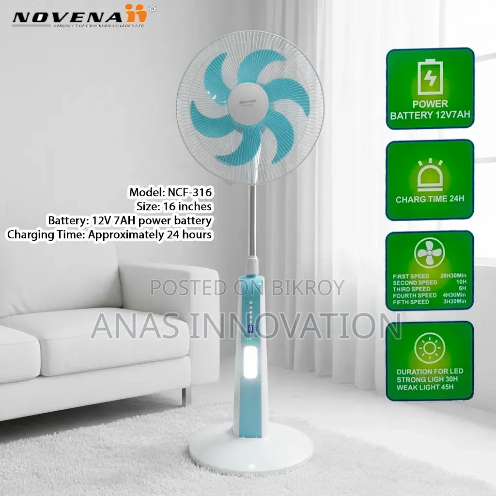 28 Hours Backup Fan Novena Rechargeable Remote Control Stand Fan 16 Inch