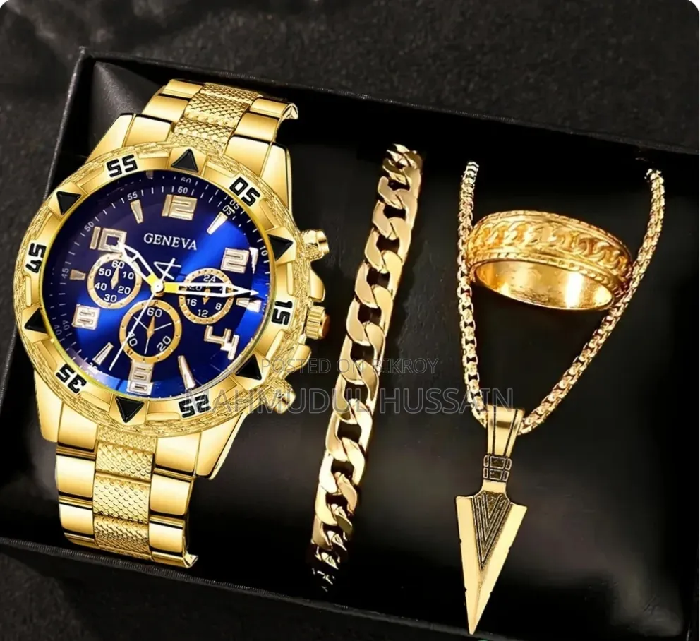 Gold Blue Luxury 4-Piece Watch Set | Quartz Men's Watch