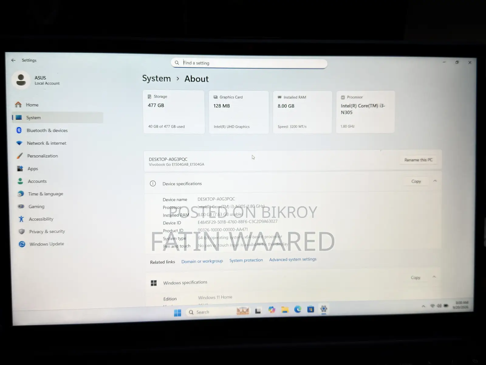 New Laptop Asus Vivobook 15 8GB Intel Core i3 SSD 500GB