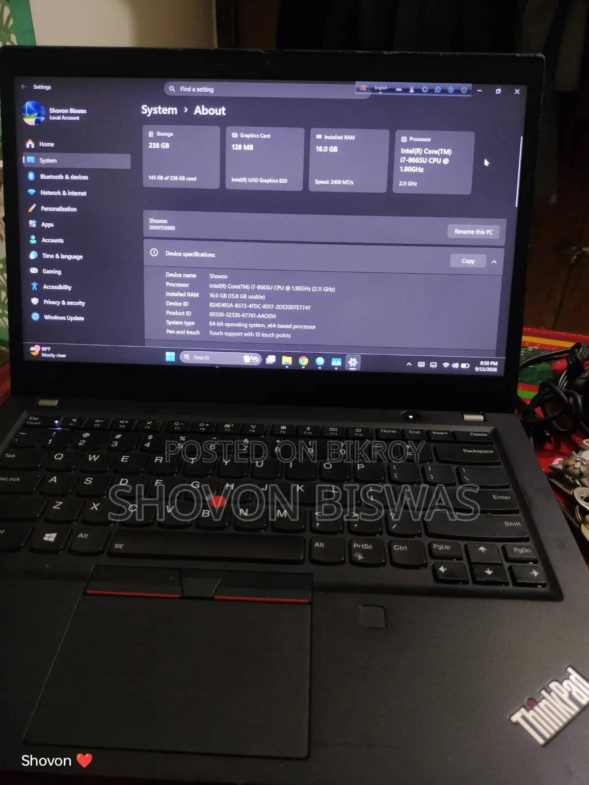 Laptop Lenovo ThinkPad T490s 16GB Intel Core i7 SSD 256GB