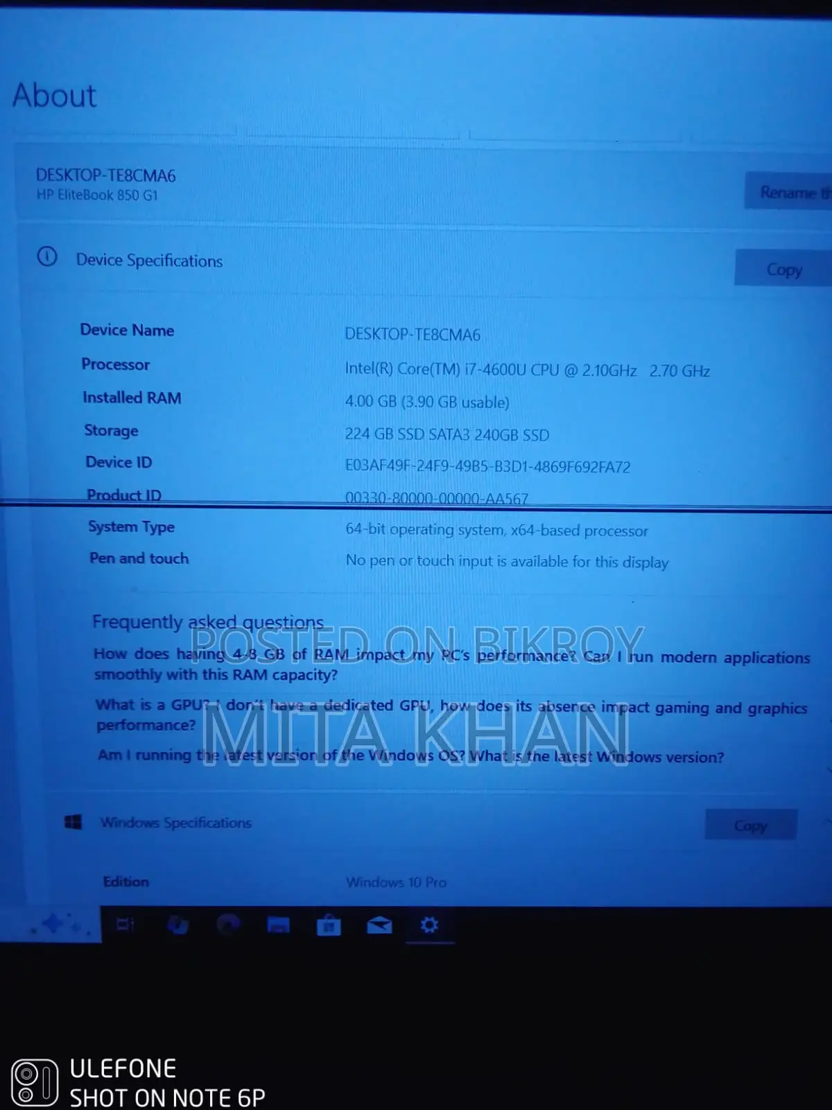 Laptop HP EliteBook 840 G8 4GB Intel Core i7 SSD 128GB