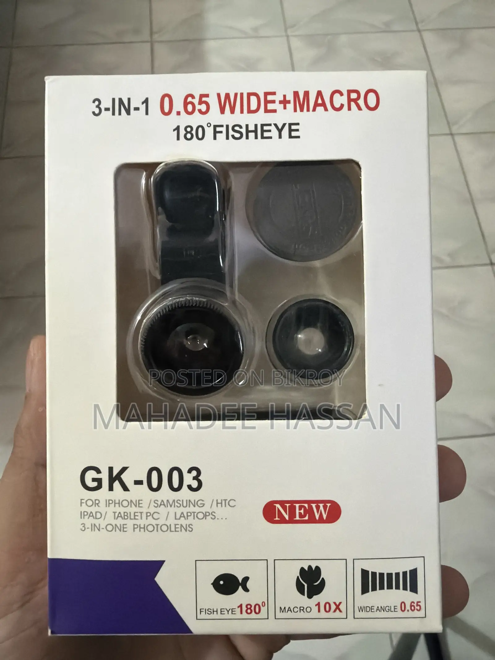 [100tk] 3 in 1 Clip Camera Lens Kit 180° Fish Eye | 0.67X Wide Angle