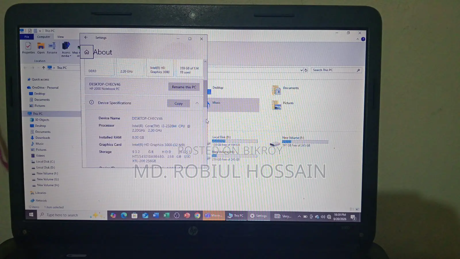Laptop HP 8GB Intel Core i3 HDD 1T