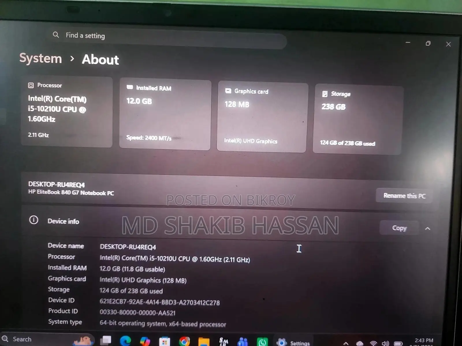 Laptop HP EliteBook 840 G7 12GB Intel Core i5 SSD 256GB
