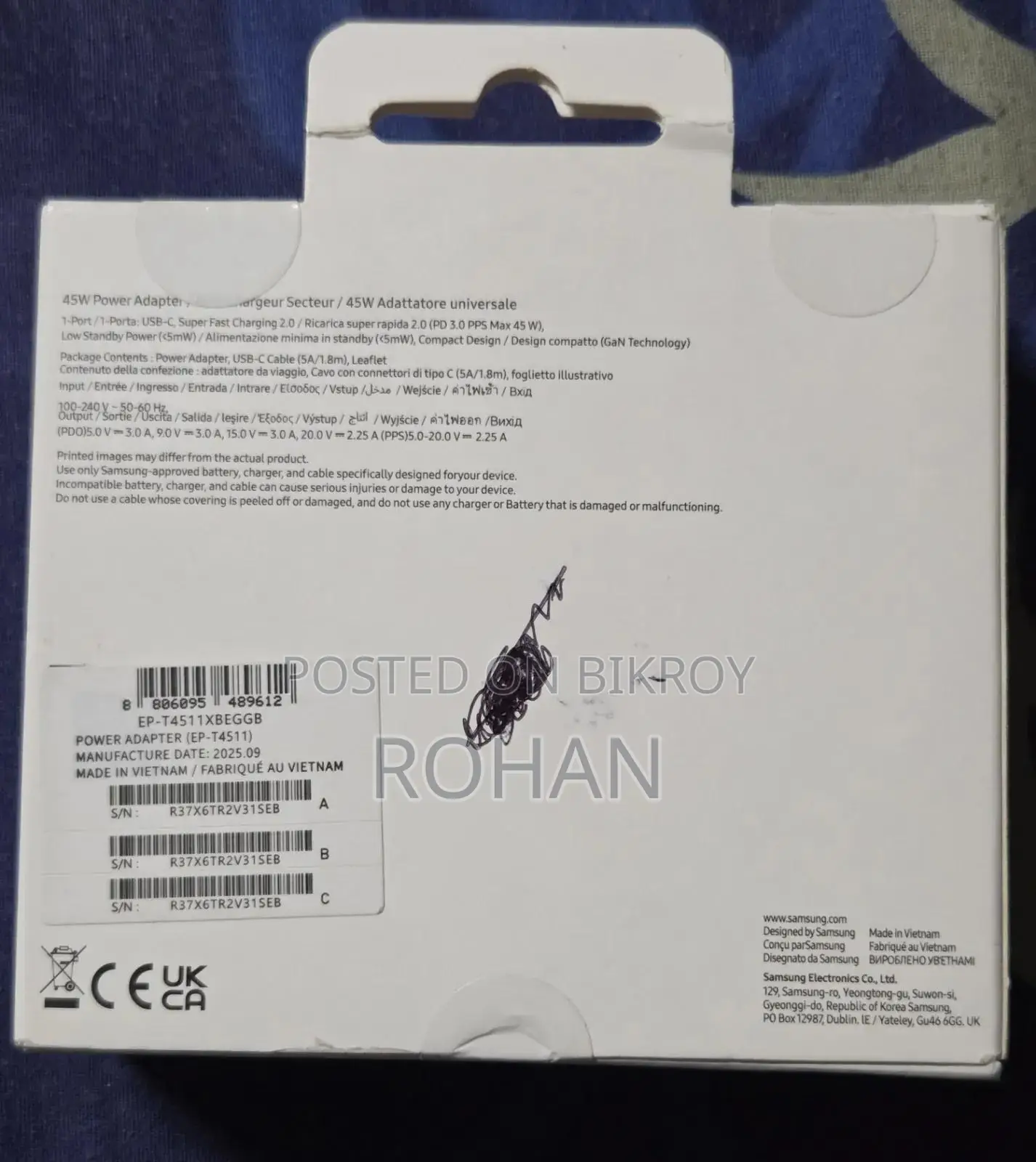 SAMSUNG 45W Adapter With 5a/1.8m USB Cable