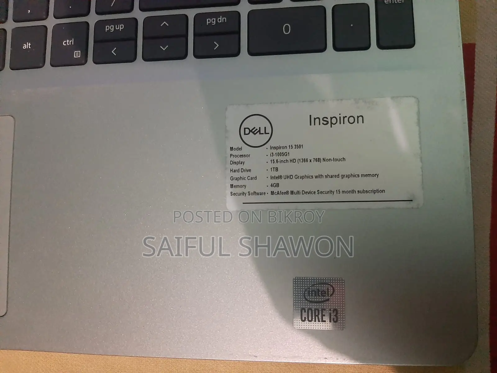 ল্যাপটপ ডেল ইন্সপায়রন ১৫ ৪জিবি ইন্টেল কোর আই৩ এইচডিডি ১টিবি