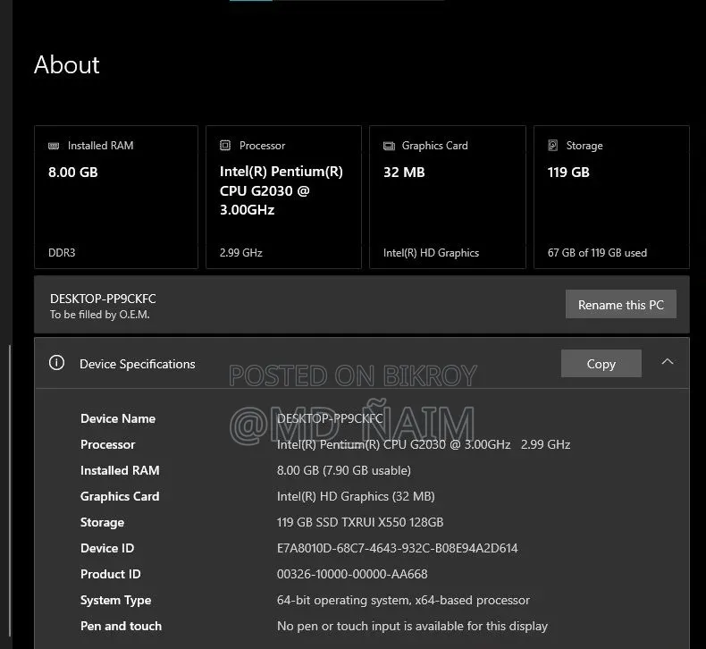Desktop Computer 8GB RAM Intel SSD 128GB