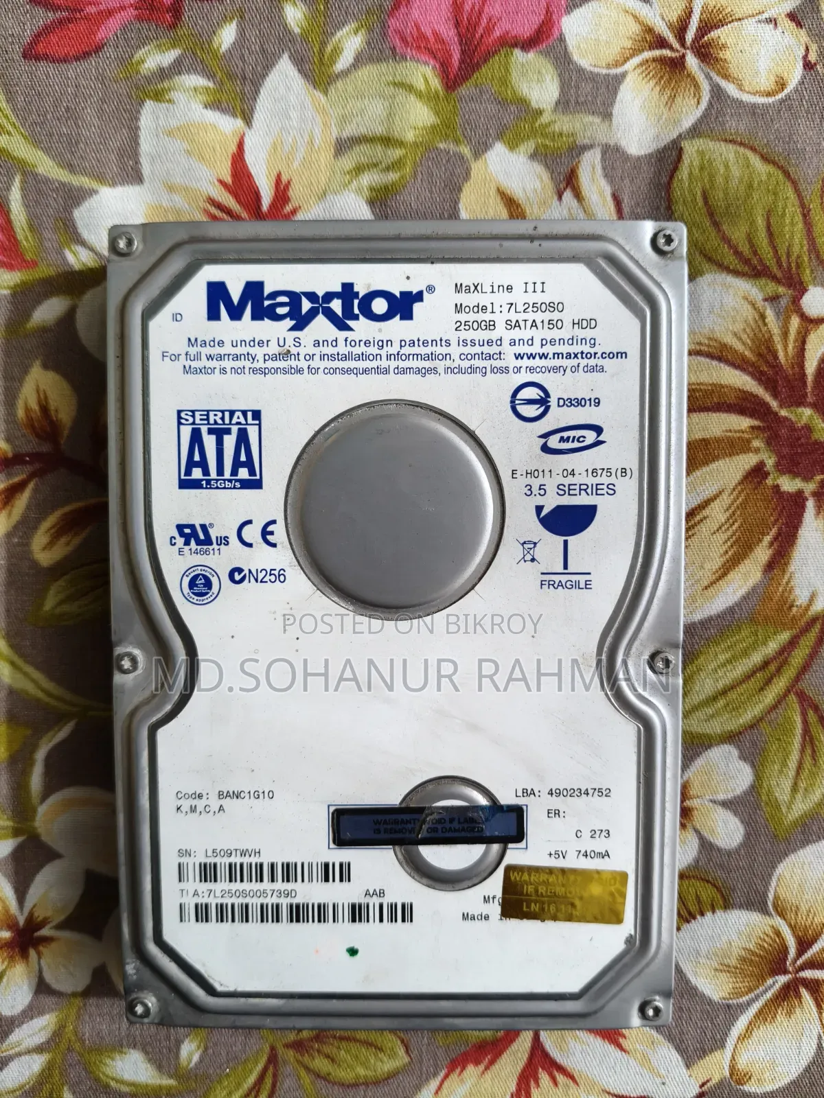 Maxtor 250GB SATA Hard Disk Drive (HDD)