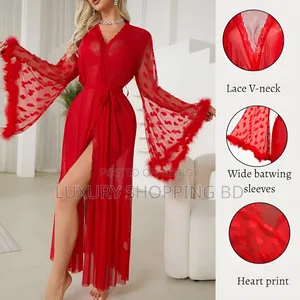 Women’s Long Sheer Mesh Robe – Heart Lace Sleeve Bridal Nightwear