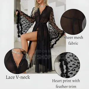 Women’s Long Sheer Mesh Robe – Heart Lace Sleeve Bridal Nightwear