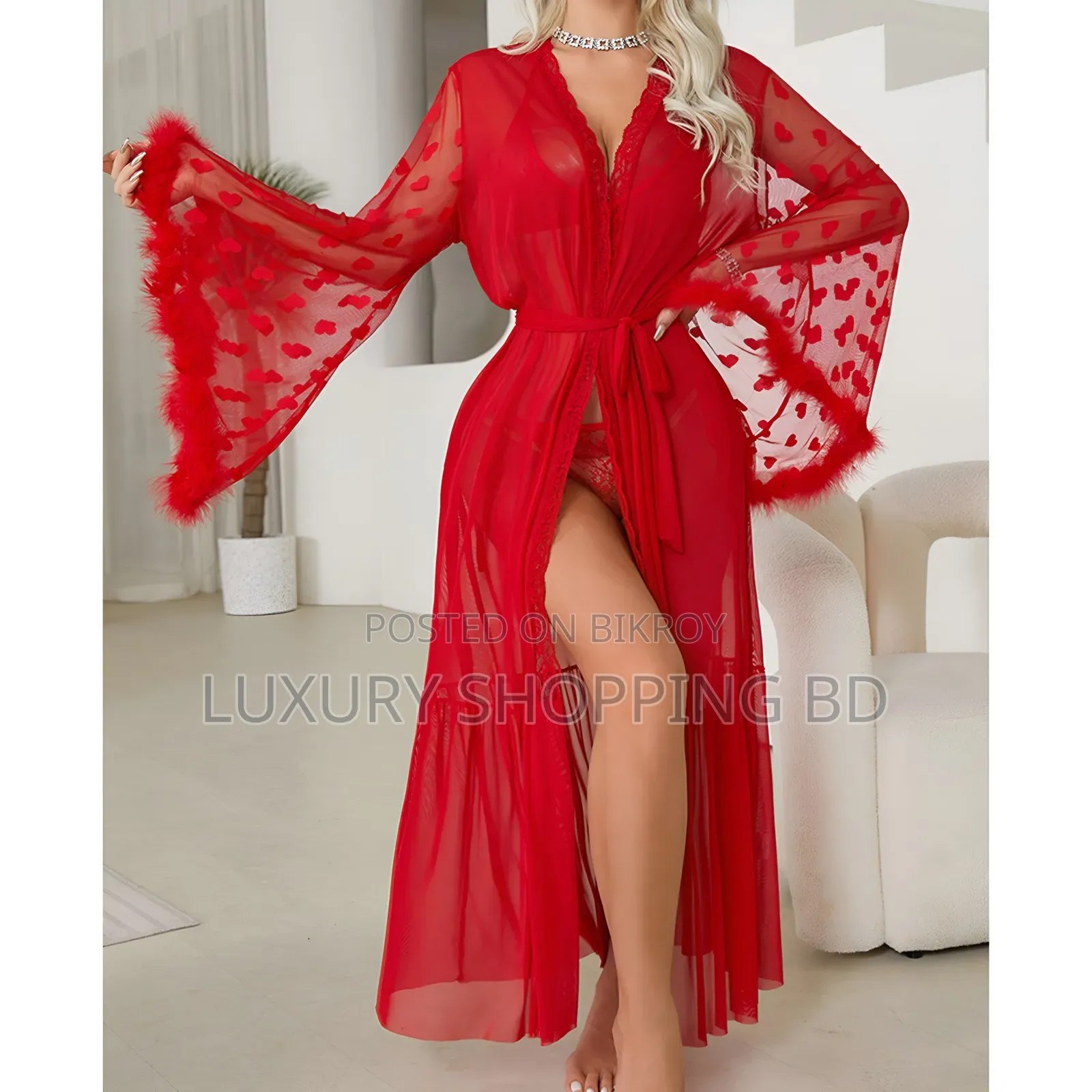 Women’s Long Sheer Mesh Robe – Heart Lace Sleeve Bridal Nightwear