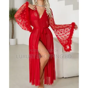 Women’s Long Sheer Mesh Robe – Heart Lace Sleeve Bridal Nightwear