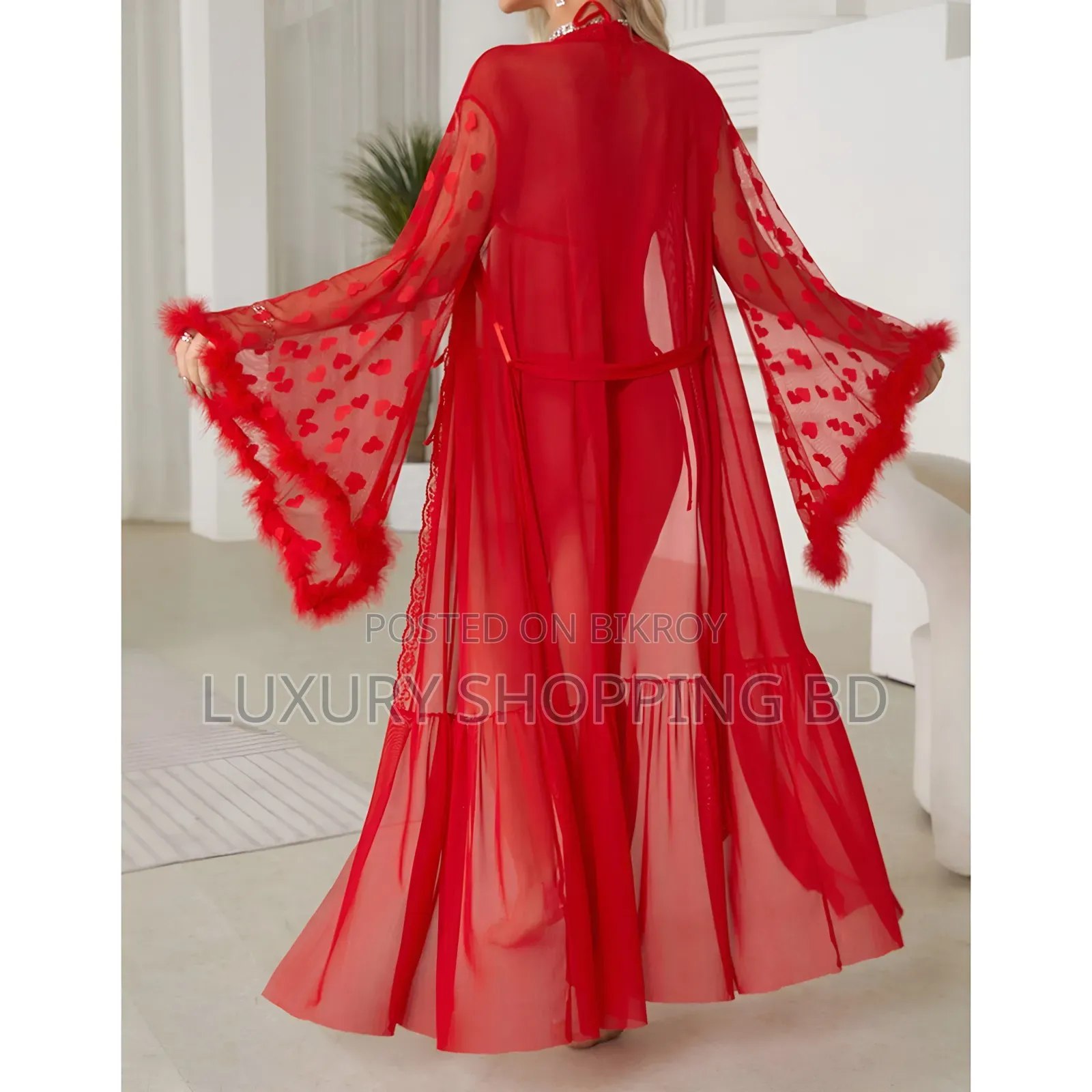 Women’s Long Sheer Mesh Robe – Heart Lace Sleeve Bridal Nightwear