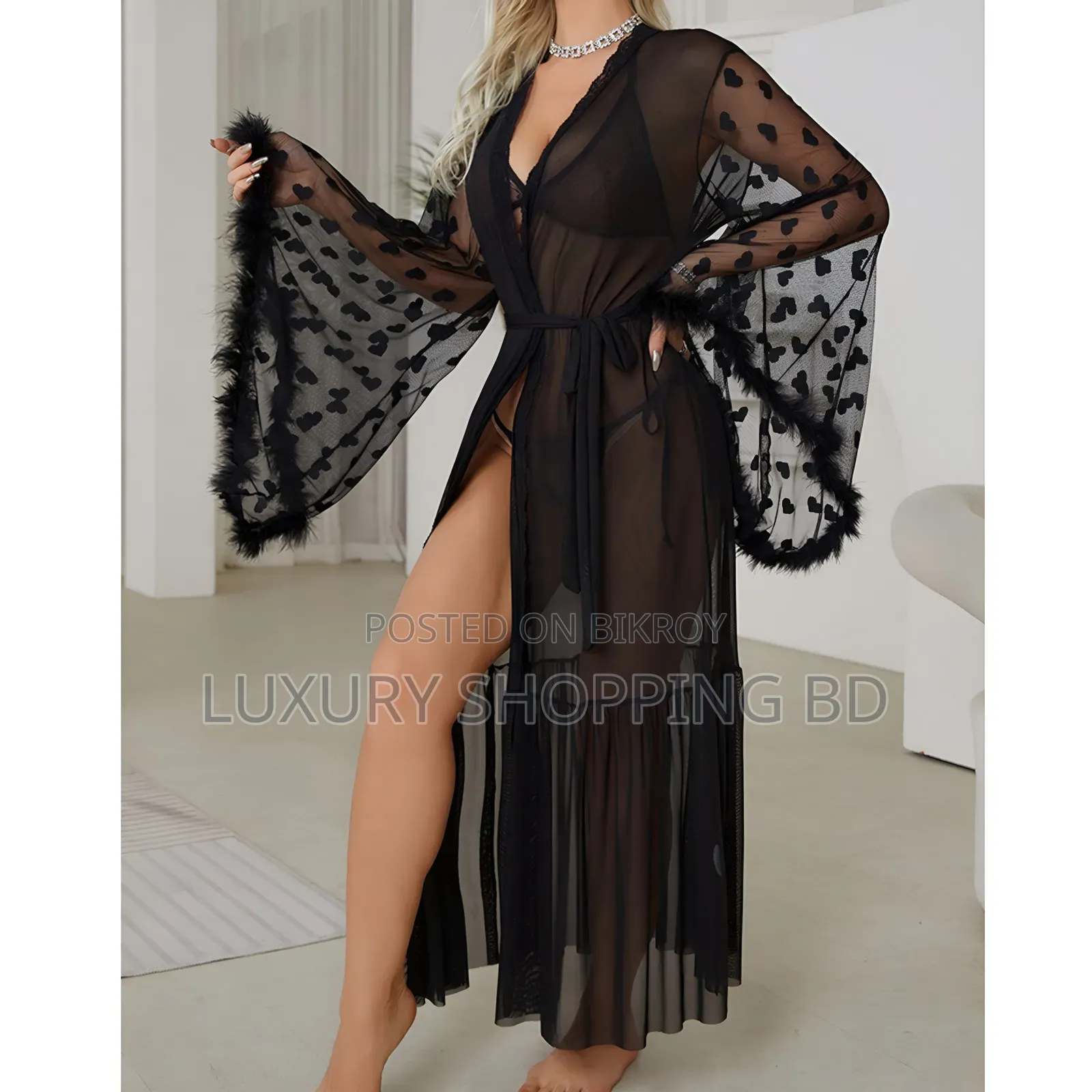 Women’s Long Sheer Mesh Robe – Heart Lace Sleeve Bridal Nightwear