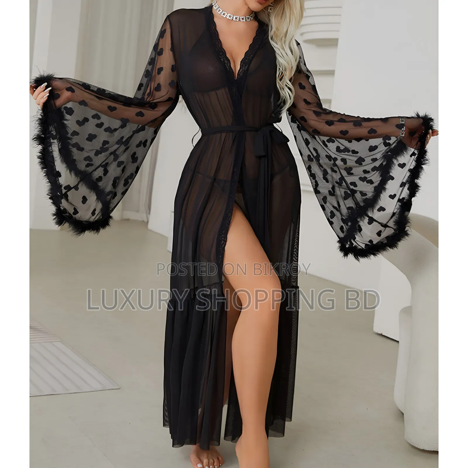 Women’s Long Sheer Mesh Robe – Heart Lace Sleeve Bridal Nightwear