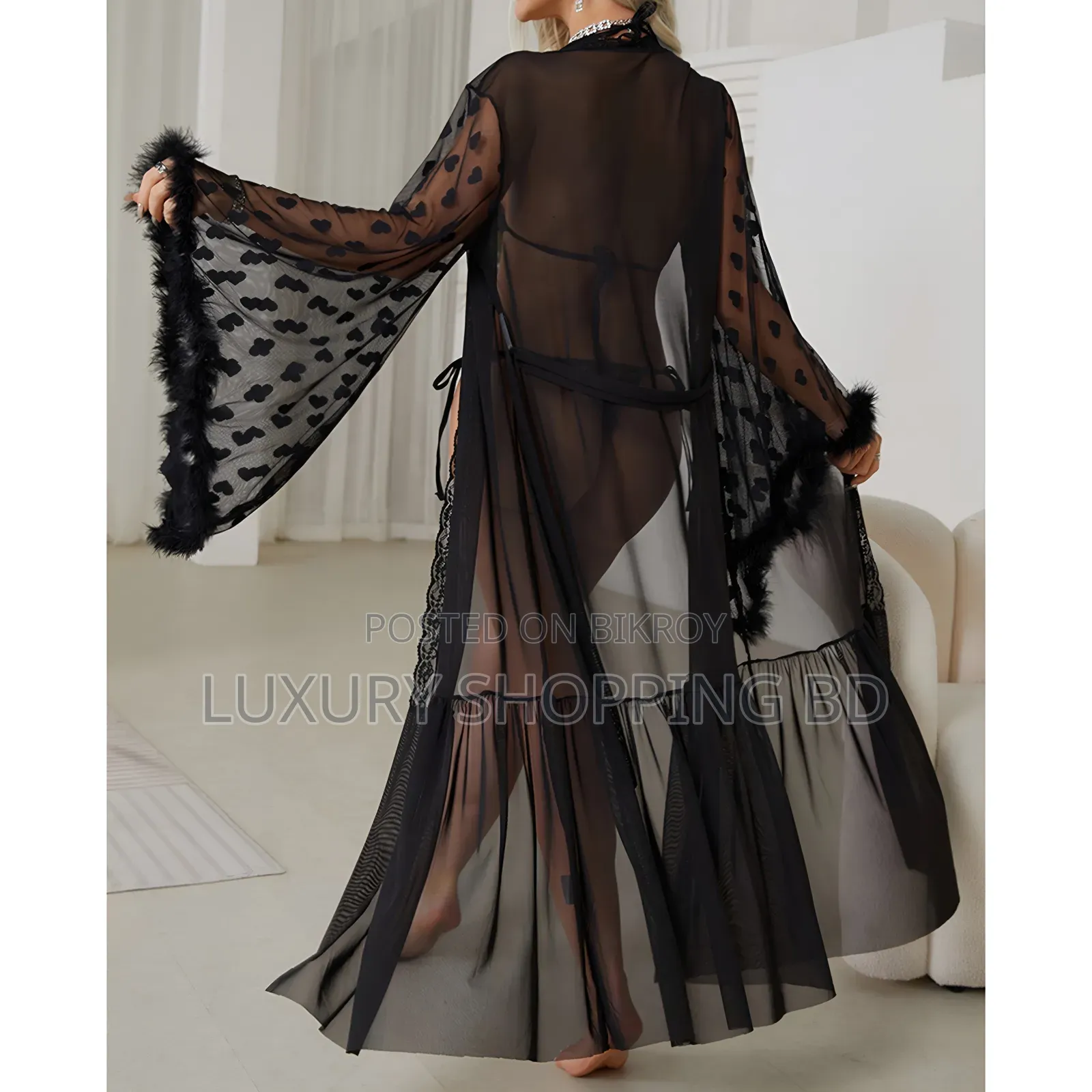 Women’s Long Sheer Mesh Robe – Heart Lace Sleeve Bridal Nightwear
