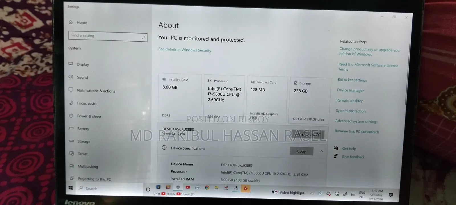Laptop Lenovo ThinkPad X1 Carbon 8GB Intel Core i7 HDD+SSD 250GB
