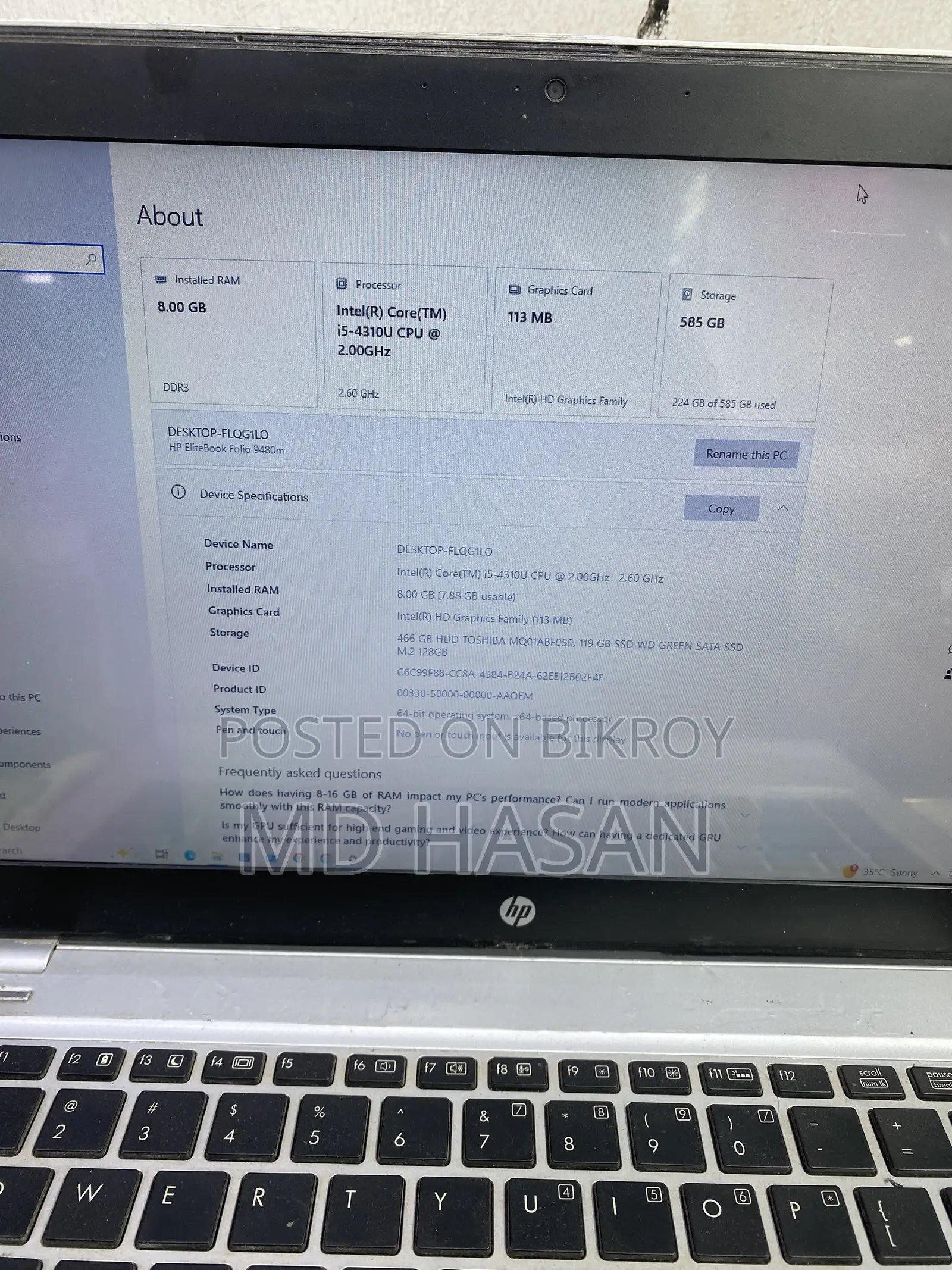 Laptop HP EliteBook Folio 9480M 8GB Intel Core i5 SSD 128GB