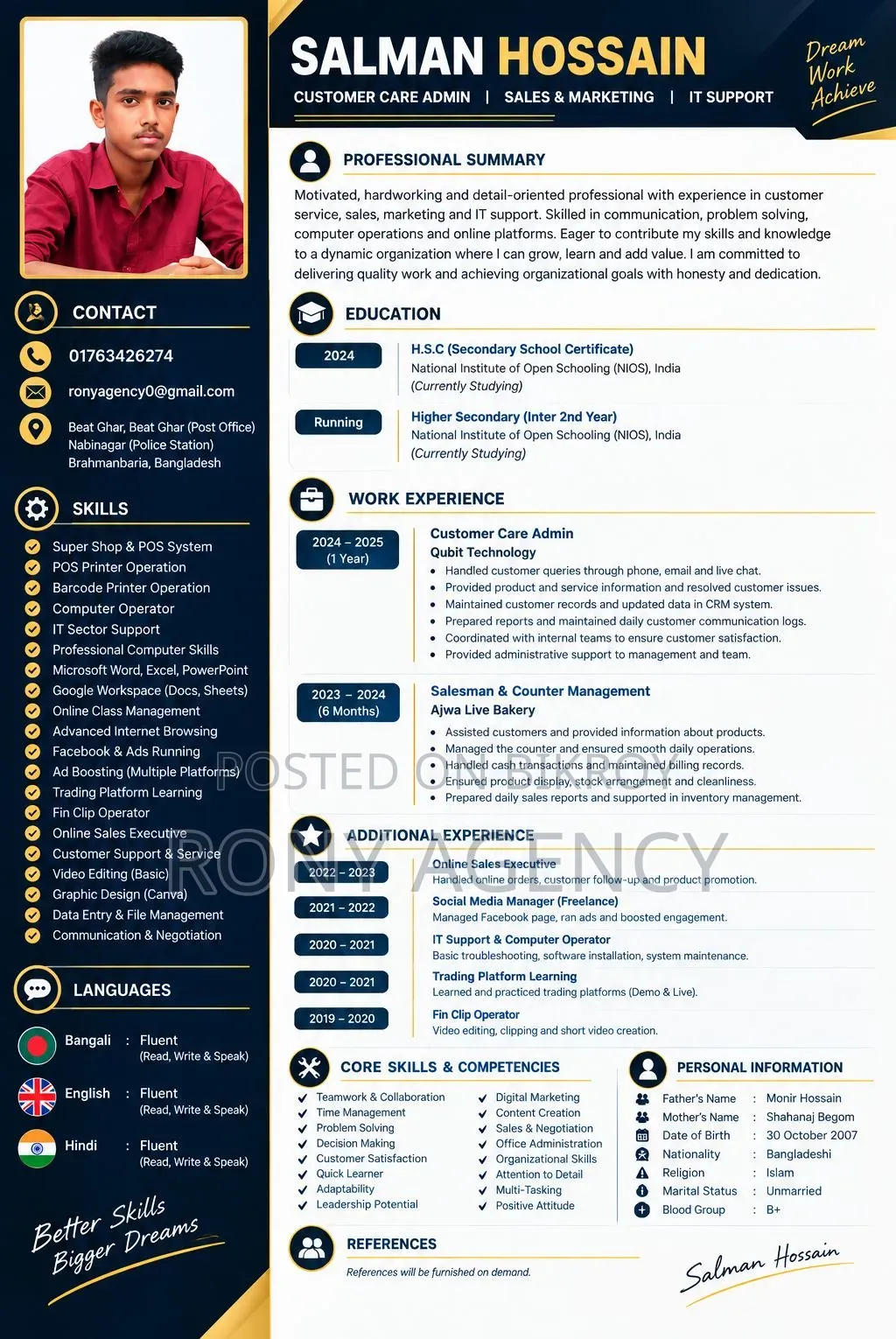 I Am Applying for the Customer Care Admin / IT Support Position.